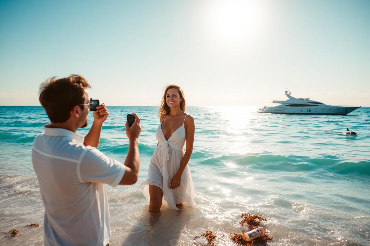 Ehemann fotografiert seine Frau am Strand, im Hintergrund eine weiße Yacht und ein Delfin